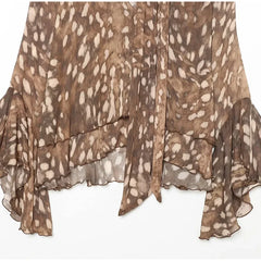 Deer Print Tie Neck Flare Sleeve Shirt