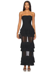 Black Strapless Mesh Patchwork Ruffle Dress