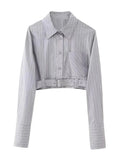 Grey Stripe Crop Top Side Pockets Belted Women's Shirt 