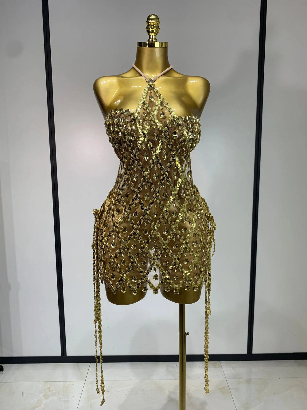 Gold diamond mesh halter mini dress with sequin embellishments