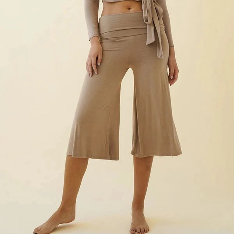 Tan wide leg cropped pants with fold-over waist