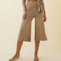 Tan wide leg cropped pants with fold-over waist
