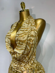 Gold Sequin Print Halter Openback Mini Dress