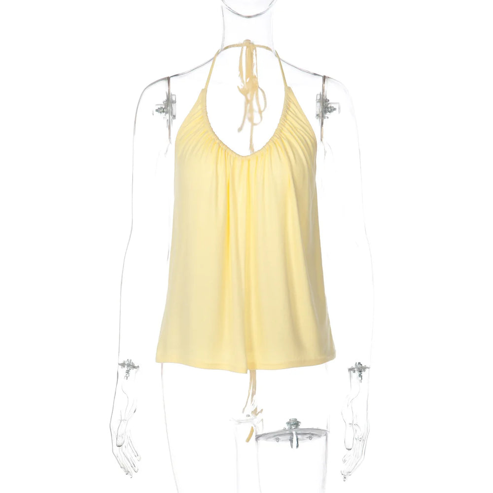 Yellow tank top on a mannequin with a white background