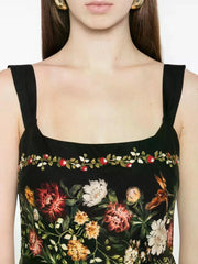 Black Floral Square Neck A-Line Midi Dress