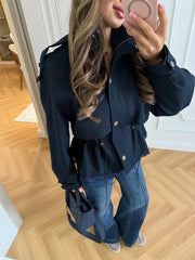 Utility Stand Collar Button Drawstring Peplum Jacket