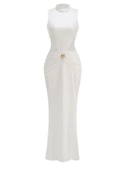 White Satin Cut-out Mock Neck Ruched Maxi Dress