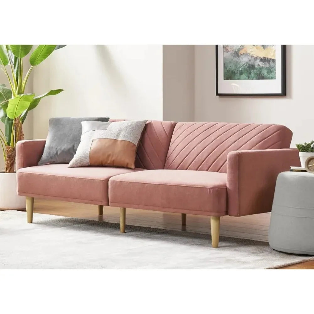 Pink futon sofa bed couch, convertible design, U.S. Origin.


