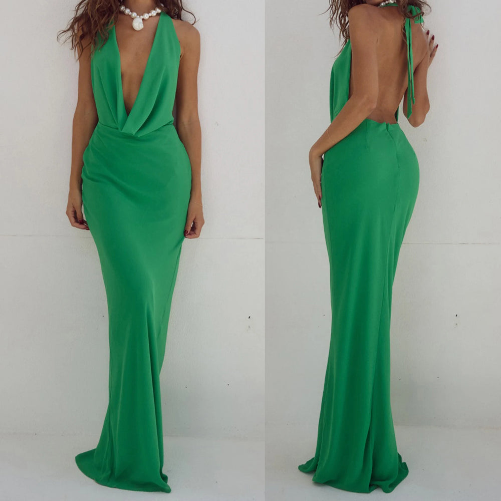 Green evening gown displayed from front and back on a white background