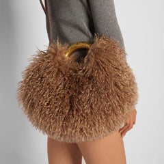 Curly Faux Fur Round Handle Bag