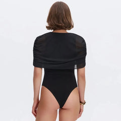 Ruched Cape Sleeve Keyhole Cut Out Bodysuit