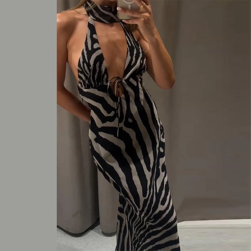 Zebra print halter maxi dress side view