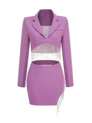 Purple Tassel Skirt and Long Sleeve Jacket Set for Women