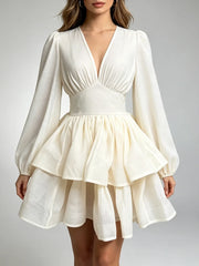 V-Neck Puff Sleeve Tiered Mini Dress