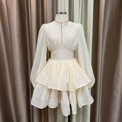 V-Neck Puff Sleeve Tiered Mini Dress