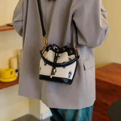 Embroidered Bear Canvas Drawstring Bucket Bag