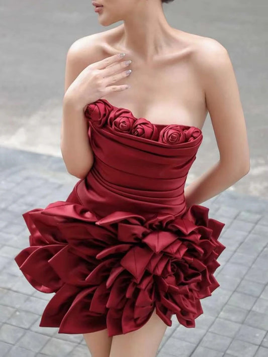 Strapless mini dress with 3D rose embellishments in burgundy