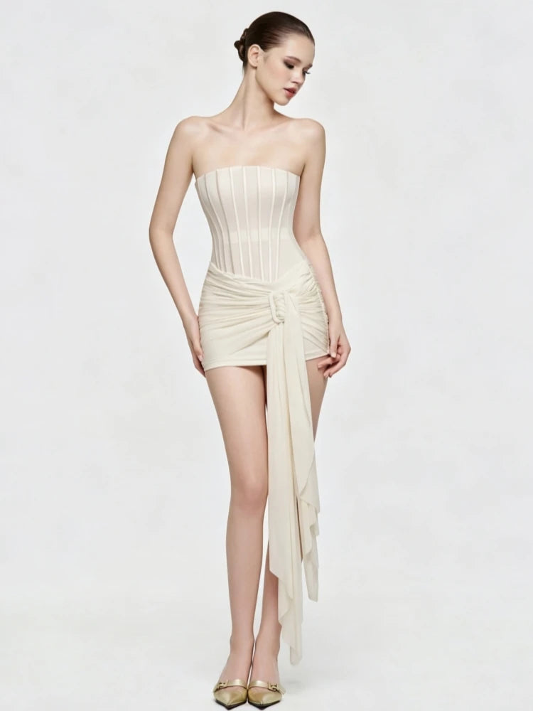 Strapless corset draped mini dress side view
