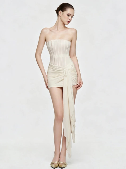 Strapless corset draped mini dress side view