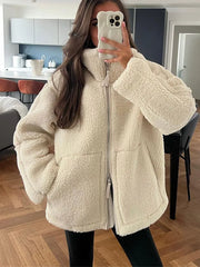 White Zipper Faux Fur Lapels Jacket