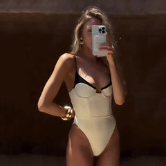 One piece swimsuit with black contrast trim