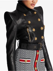 Women's double breasted faux leather short jacket with belt for streetwear.