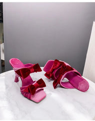 Pink Velvet Bow Stiletto Mules
