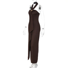 Brown Draped Halter Metal Buckle Maxi Dress