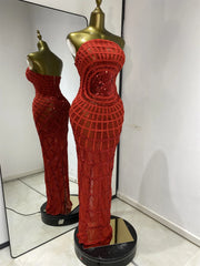Red sequined mesh strapless floor-length dress