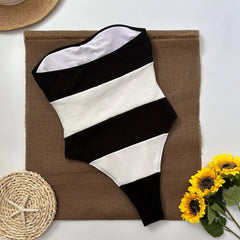 Striped one piece swimsuit interior view