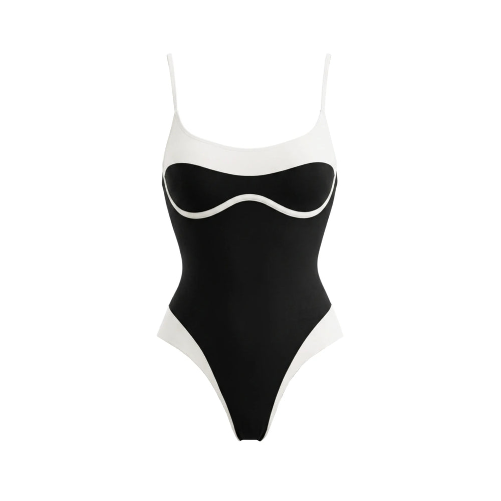 Black and white contrast trim one-piece swimsuit