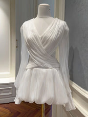 Pleated V-neck Mini Dress with wrap front and lantern sleeves