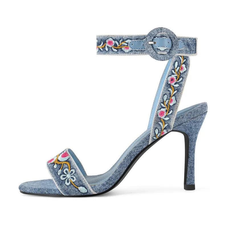 Denim embroidered stiletto sandals with ankle strap