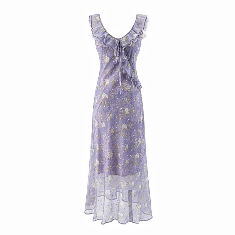 Purple floral print v-neck ruffle midi dress