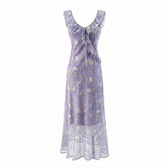 Purple floral print v-neck ruffle midi dress