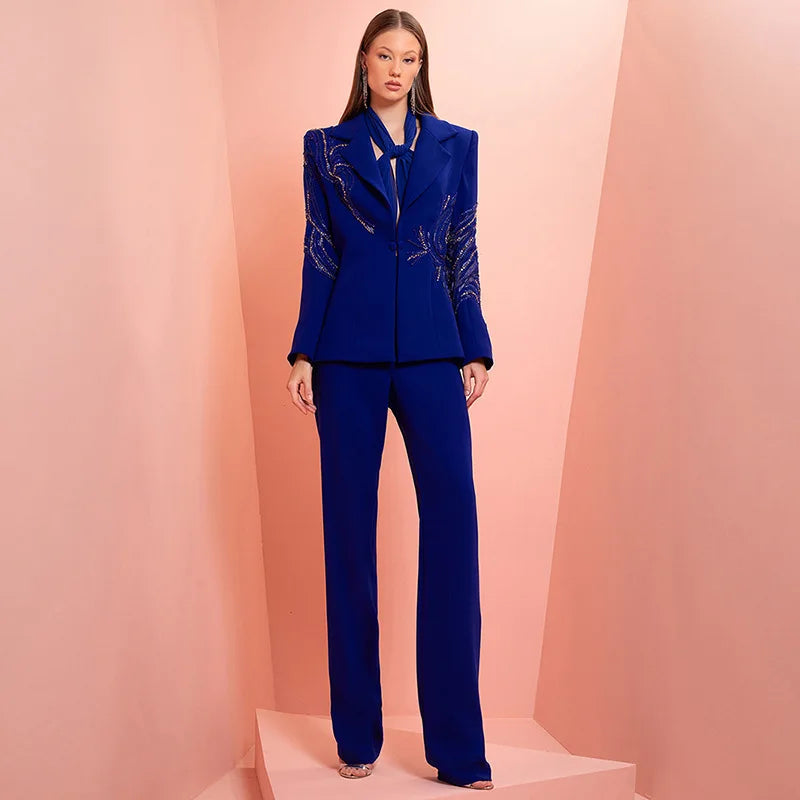 Beaded crystal blazer and wide-leg trouser suit on model