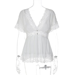 White Sheer Lace V-Neck Short Sleeve Top