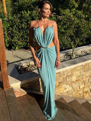 Halter Deep Neck Draped Cut Out Maxi Dress