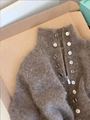 Mock Neck Zipper Button Knit Top