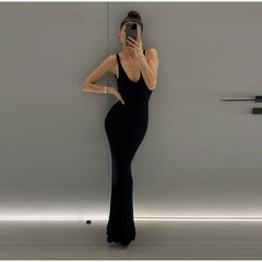 Hollow Stripe Knitted Backless Long Dress