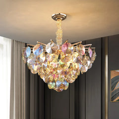 A colorful crystal pendant light hanging in a modern living room, adding a vibrant touch.  Golden Atelier 3