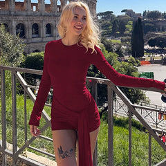 Draped Waist Tie Round Neck Long Sleeve Romper
