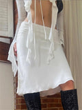 White Ruffled Lace-Up Mesh Long Sleeve Crop top Mini Skirt Set