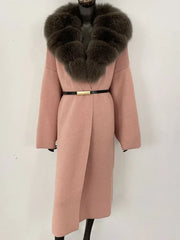 blush pink knit long coat with mocha faux fur collar