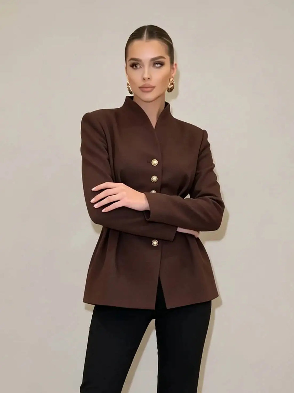 Peplum waist V-neck brown blazer