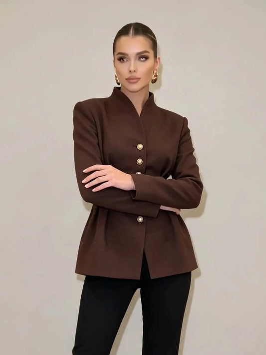 Peplum waist V-neck brown blazer