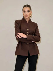 Peplum waist V-neck brown blazer