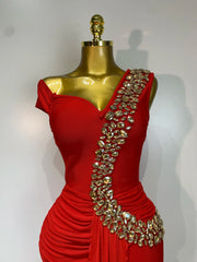 Red Rhinestone Embellished One Shoulder Draped Maxi Dress