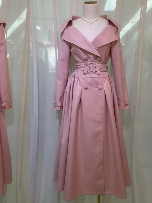 Pink turn-down collar double breasted midi dress