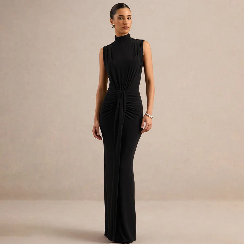 Black mock neck sleeveless maxi dress with ruched waist side view